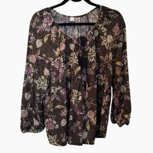 Old Navy Boho Top, Peasant Blouse, Navy Floral Size XL, Rayon Blue Purple Green